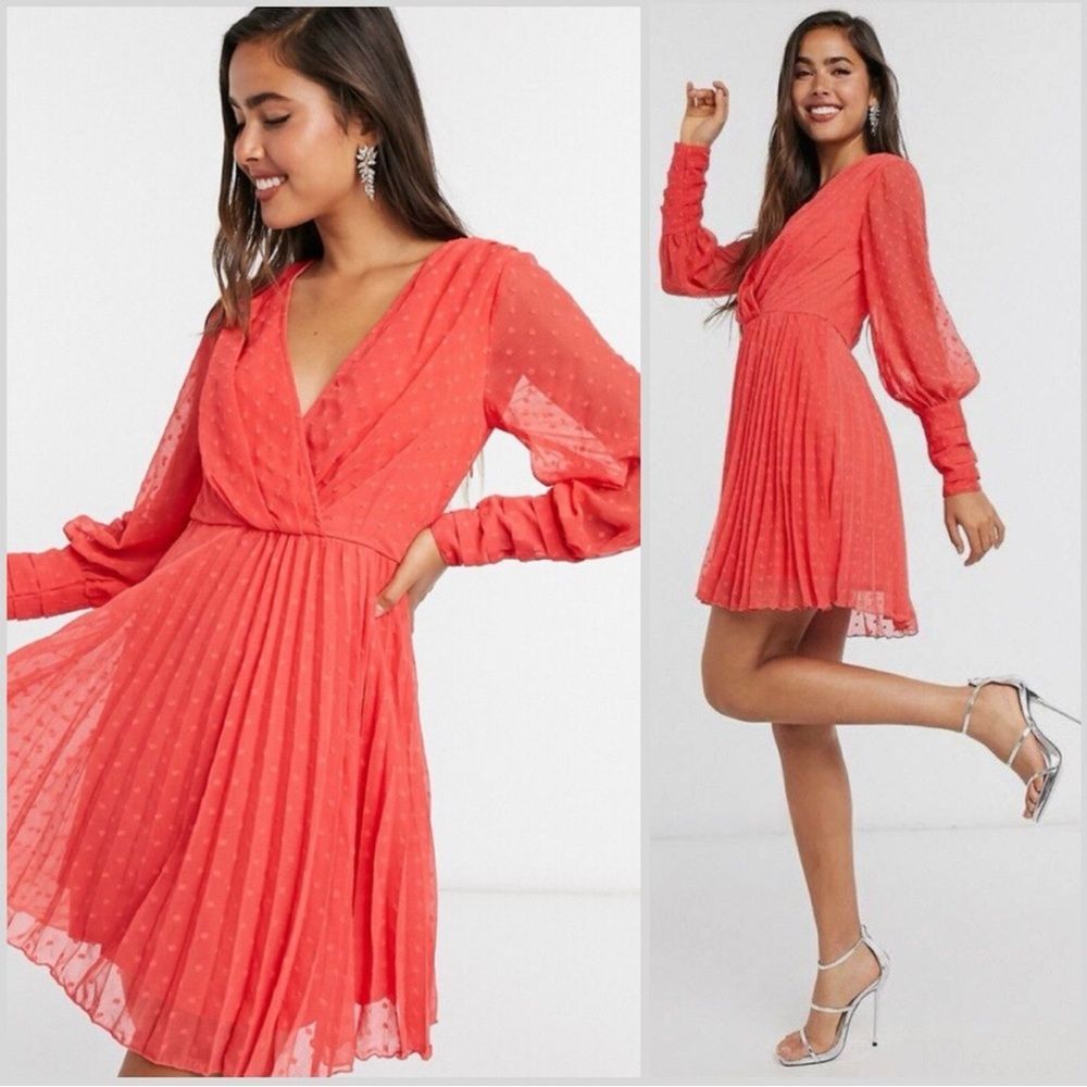 ASOS Design Red Swiss Dot Pleated Mini Dress | US 8 | Wrap V Neck - Picture 3 of 7